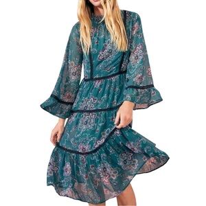 ModCloth 2-Piece Tiered Floral Teal Sheer Chiffon Midi Dress, [Size XL] NWT